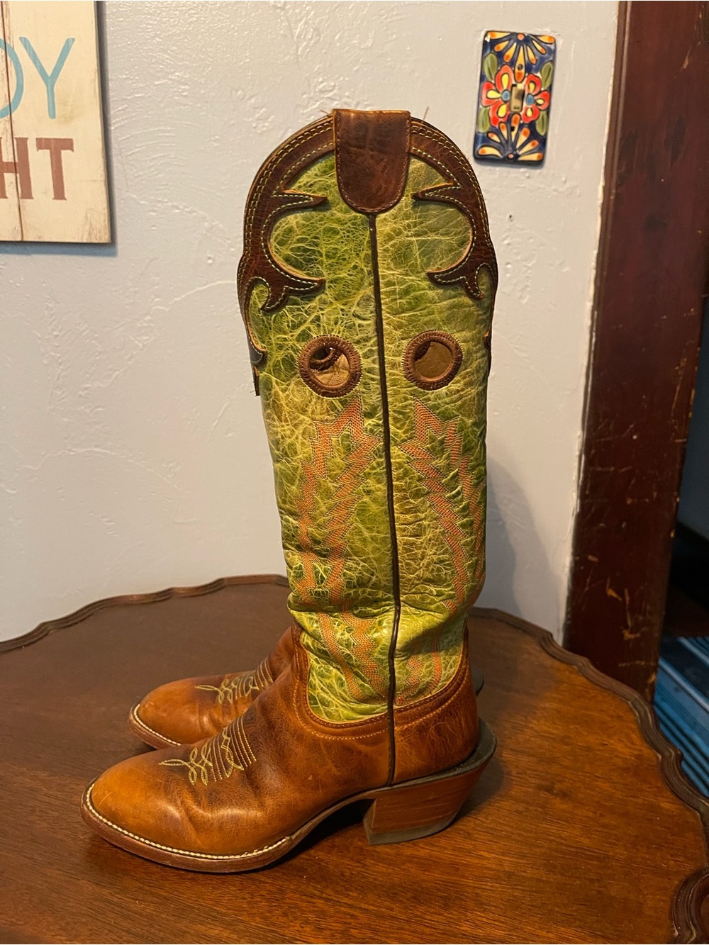 Western Heeled Cowboy Boots in Green and Brown